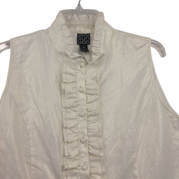 Clara Sunwoo Sleeveless Ruffle Button Front Top XL Ivory Linen Blend New - Picture 2 of 9